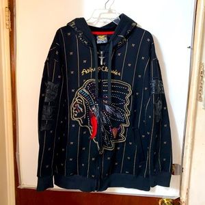 Avirex Classic Hoodie Size L Black Indian Chief Design & Arm Patches Zip Up NY